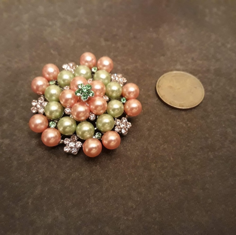 Pink and Green Rhinestone and Pearl Brooch
